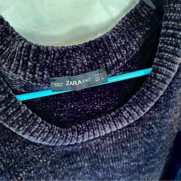 ZARA Dark Navy Blue Knit Chenille Crewneck Sweater Size L - Picture 3 of 4